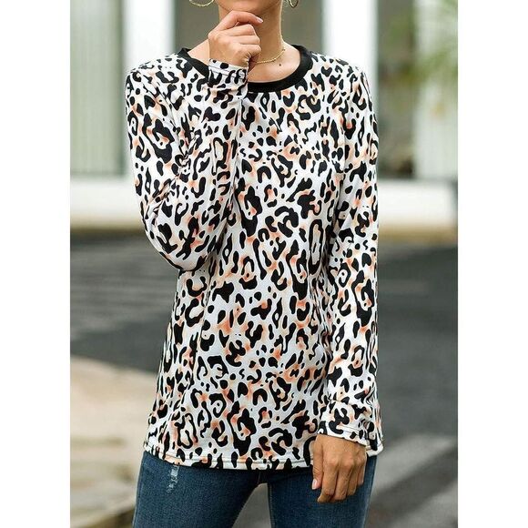 Women's Long Sleeve Pullover Tunic Top leopard print XL Casual Shirt Blouse - Picture 2 of 8